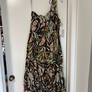 Francesca's Collections One Shoulder Leaf Print Dress - Green, Brown, Black